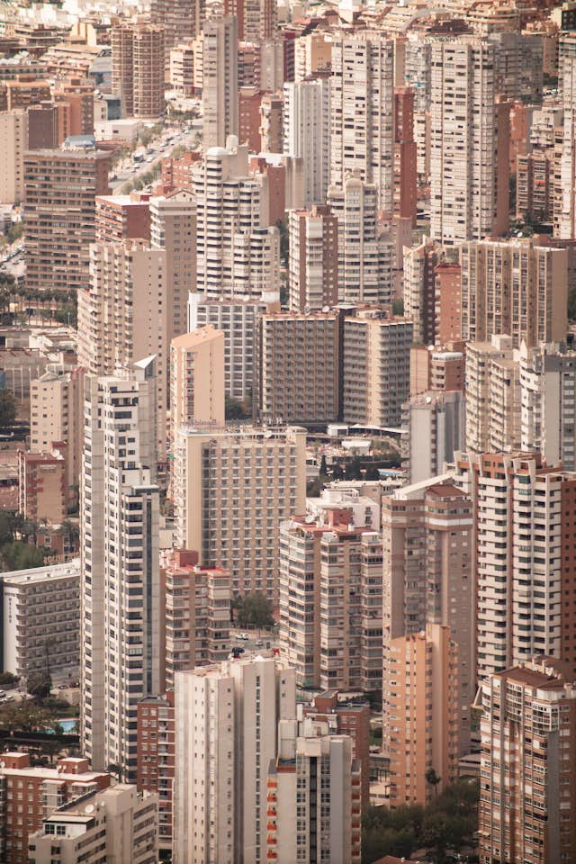 A town areal view of dense buildings built with concrete