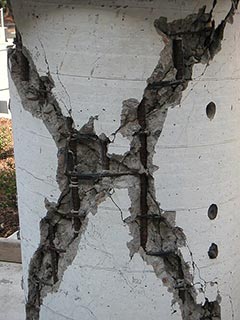 Large crack opened wide on column